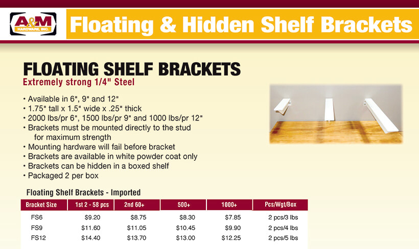 Floating & hidden shelf bracket pricing list
