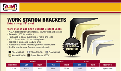 Steel Workstation Brackets pricing catalog