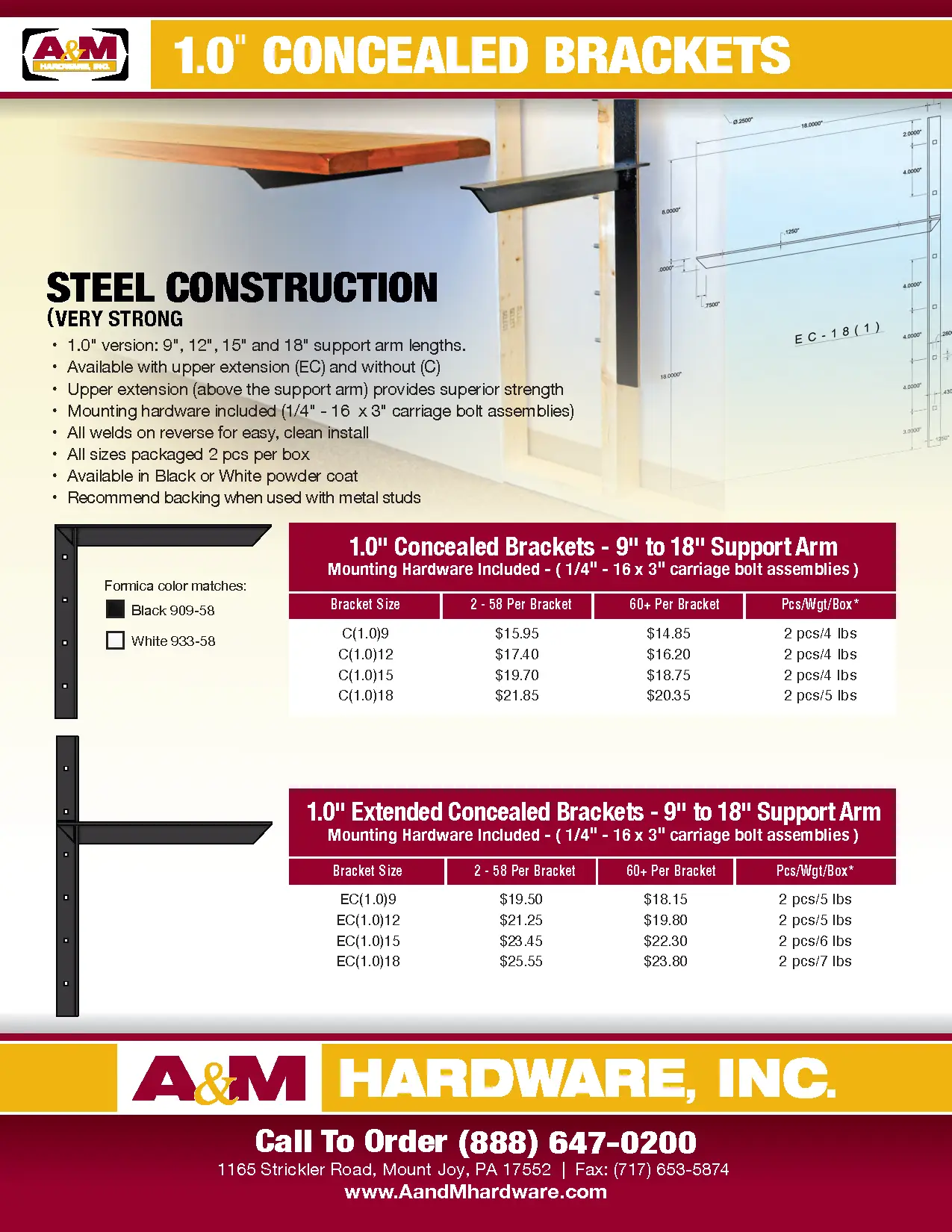Brackets Price Concealed & Extended Concealed Brackets Pricing List | A&M Hardware