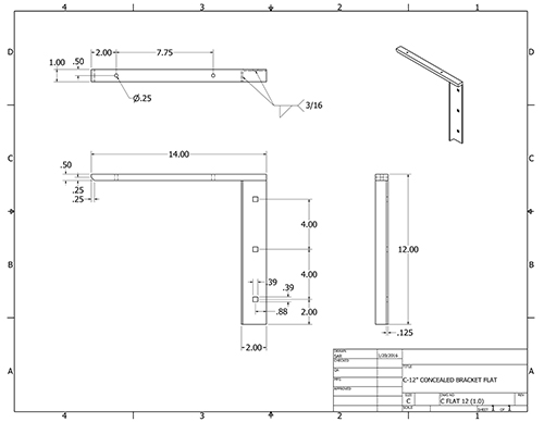 CFLAT12 (1.0) 2-D concealed flat bracket drawing