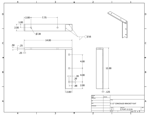 CFLAT12 (2.0) 2-D concealed flat bracket drawing