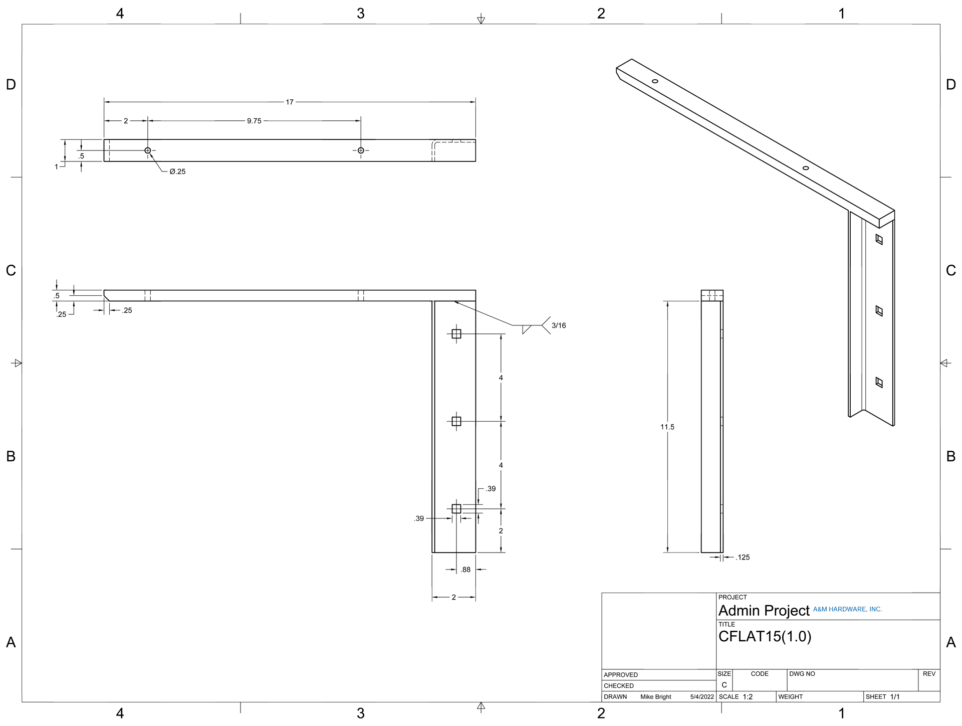 CFLAT15 (1.0) 2-D concealed flat bracket drawing