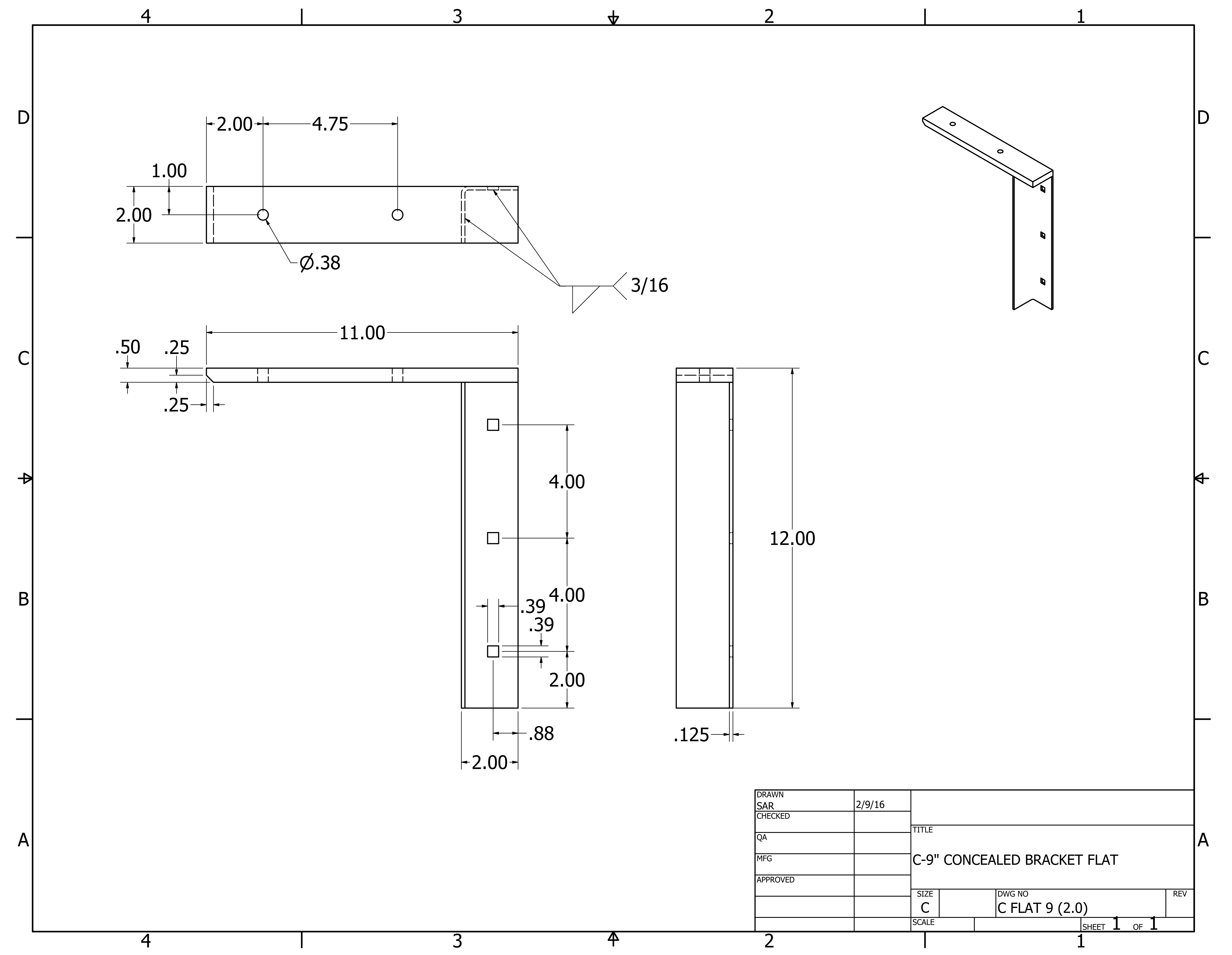 CFLAT9 (2.0) 2-D concealed flat bracket drawing