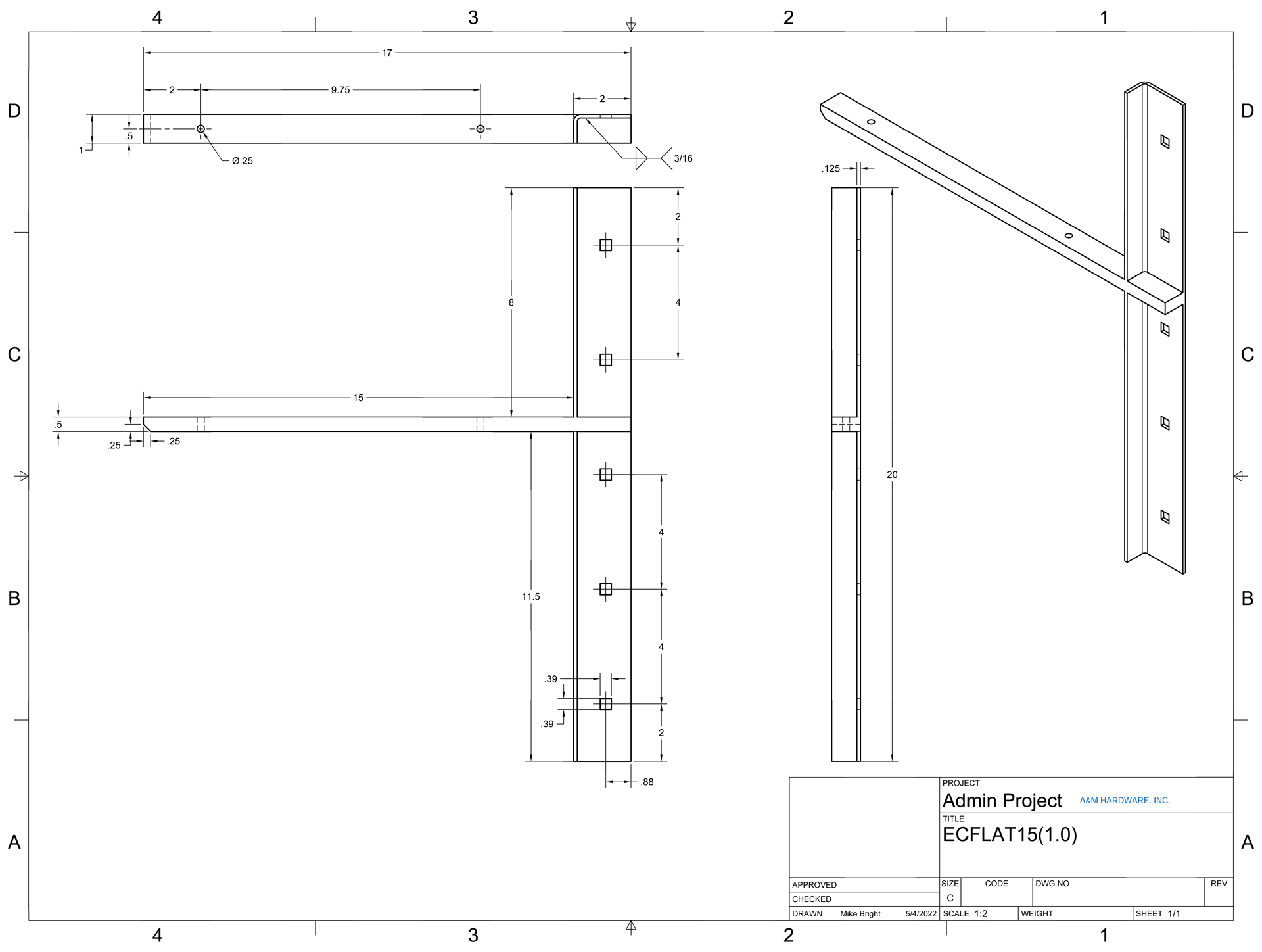 ECFLAT15 (1.0) 2-D concealed flat bracket drawing