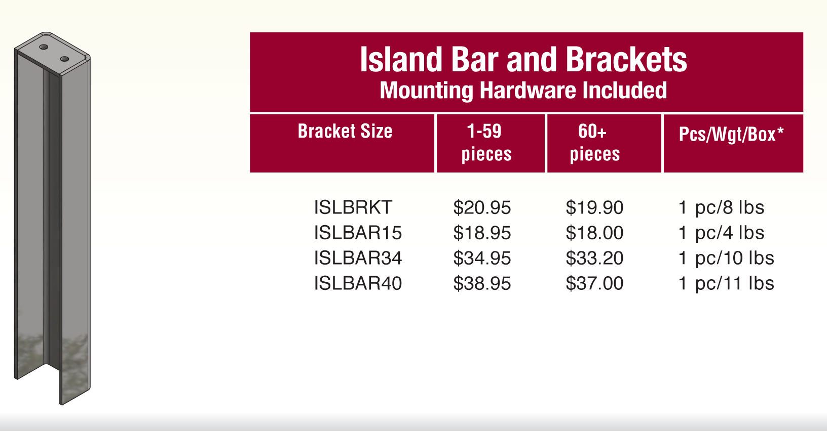 island bracket pricing sheet